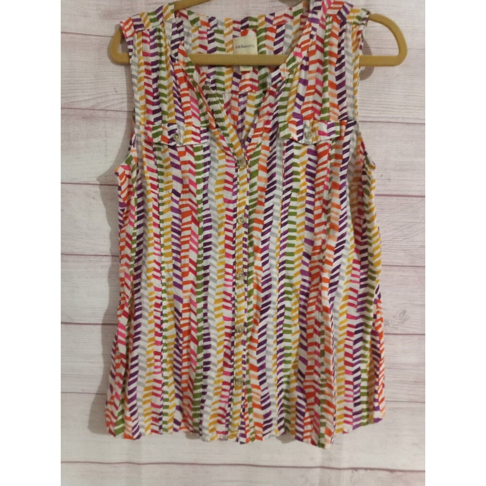 G. H. BASS CO Shirt Women's Size Large Sleeveless Button Geometric Multi Color